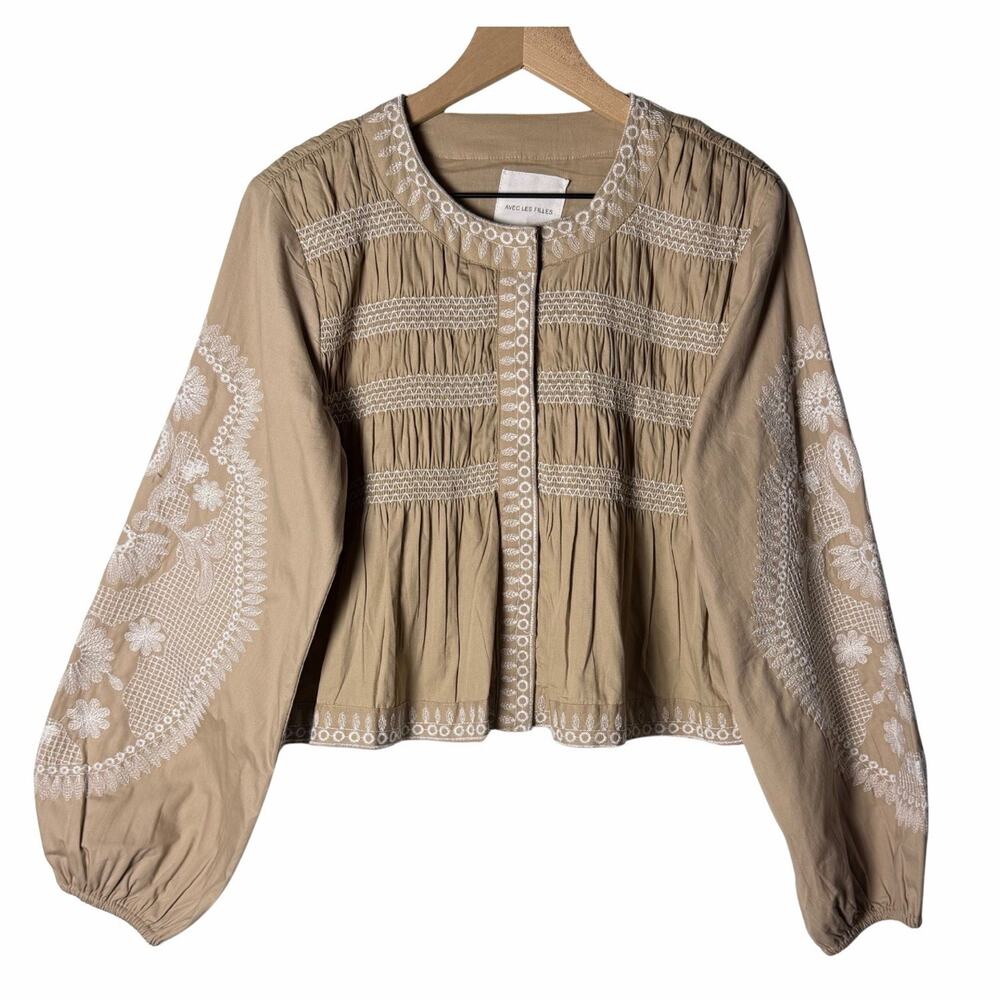 Avec Les Filles Brown Smocked Puff Sleeve Peplum Button Up Top size S NWT